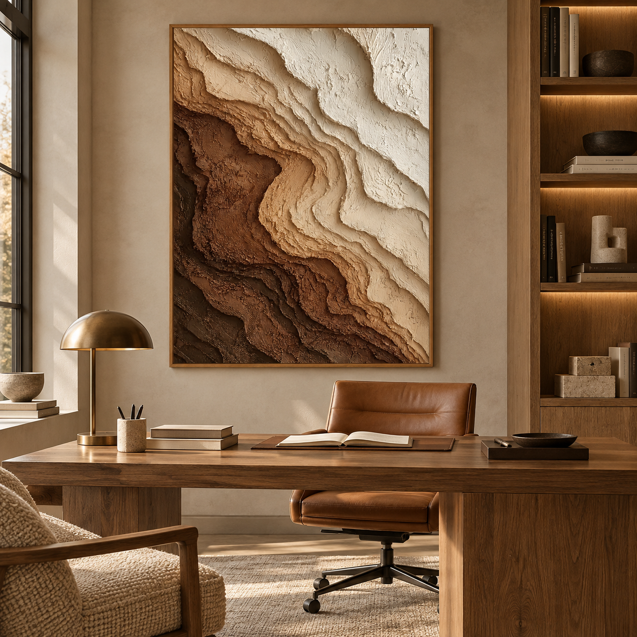 Large Vertical 3D Textured Brown and Beige Canvas Wall Art – Hand-Painted Earthy Canyon Strata Plaster Oil Painting, Modern Wabi-Sabi Gradient Impasto Artwork for Entryway & Bedroom Decor TEXVAS | Textured Canvas Art