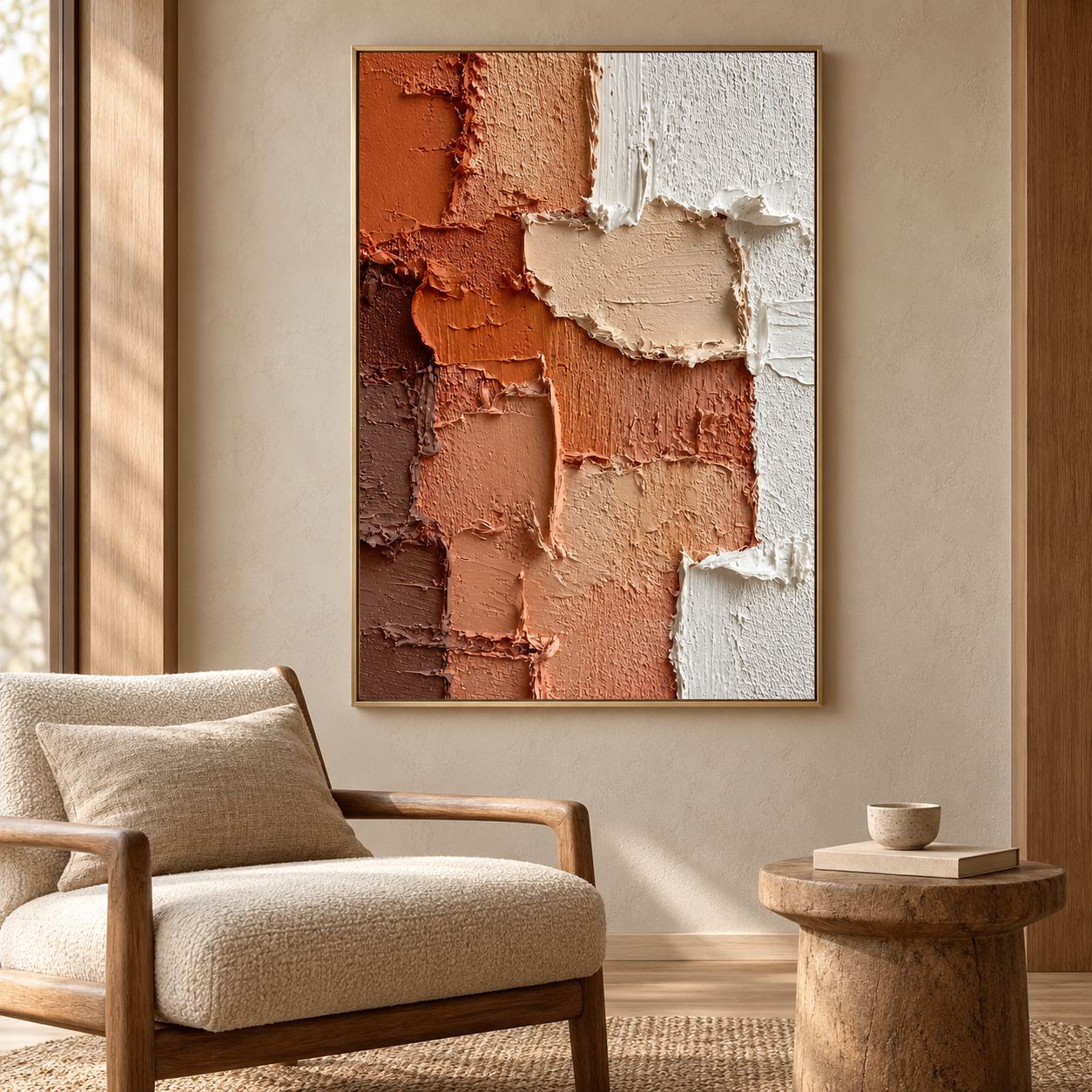Earthy Layers – Hand-Painted 3D Terracotta & Cream Heavy Impasto Textured Canvas Wall Art | Vertical Wabi-Sabi Framed Artwork TEXVAS | Textured Canvas Art