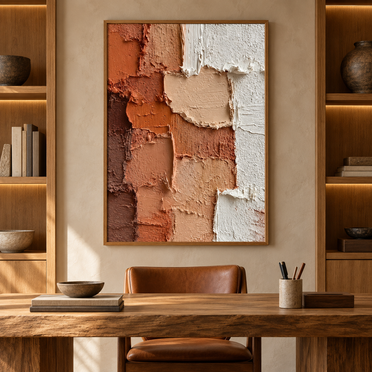 Earthy Layers – Hand-Painted 3D Terracotta & Cream Heavy Impasto Textured Canvas Wall Art | Vertical Wabi-Sabi Framed Artwork TEXVAS | Textured Canvas Art