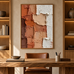 Earthy Layers – Hand-Painted 3D Terracotta & Cream Heavy Impasto Textured Canvas Wall Art | Vertical Wabi-Sabi Framed Artwork TEXVAS | Textured Canvas Art