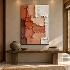 Earthy Layers – Hand-Painted 3D Terracotta & Cream Heavy Impasto Textured Canvas Wall Art | Vertical Wabi-Sabi Framed Artwork TEXVAS | Textured Canvas Art