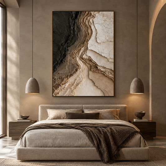 Large Vertical 3D Textured Black and Cream Canvas Wall Art – Hand-Painted Canyon Rock Strata Plaster Oil Painting with Crackle Effect, Modern Wabi-Sabi Impasto Artwork for Entryway & Bedroom Decor TEXVAS | Textured Canvas Art