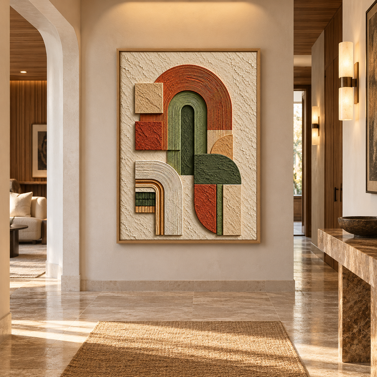 Arcadian Arches – Hand-Painted 3D Terracotta & Olive Green Geometric Arch Relief Canvas Wall Art | Vertical Mid-Century Modern Framed Artwork TEXVAS | Textured Canvas Art