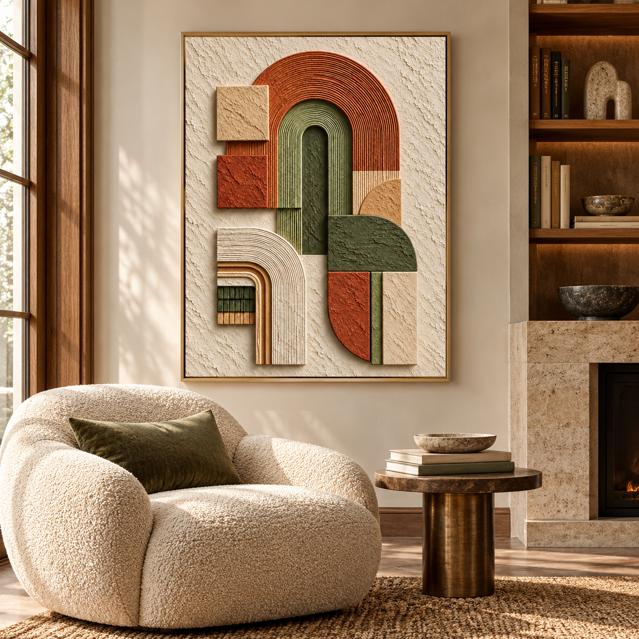 Arcadian Arches – Hand-Painted 3D Terracotta & Olive Green Geometric Arch Relief Canvas Wall Art | Vertical Mid-Century Modern Framed Artwork TEXVAS | Textured Canvas Art