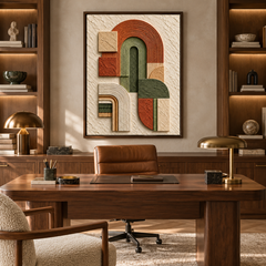 Arcadian Arches – Hand-Painted 3D Terracotta & Olive Green Geometric Arch Relief Canvas Wall Art | Vertical Mid-Century Modern Framed Artwork TEXVAS | Textured Canvas Art