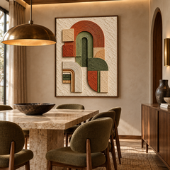 Arcadian Arches – Hand-Painted 3D Terracotta & Olive Green Geometric Arch Relief Canvas Wall Art | Vertical Mid-Century Modern Framed Artwork TEXVAS | Textured Canvas Art