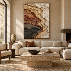 Large Vertical 3D Textured Terracotta and Black Canvas Wall Art – Hand-Painted Canyon Rock Strata Plaster Oil Painting, Modern Wabi-Sabi Earthy Impasto Artwork for Entryway & Living Room Decor TEXVAS | Textured Canvas Art