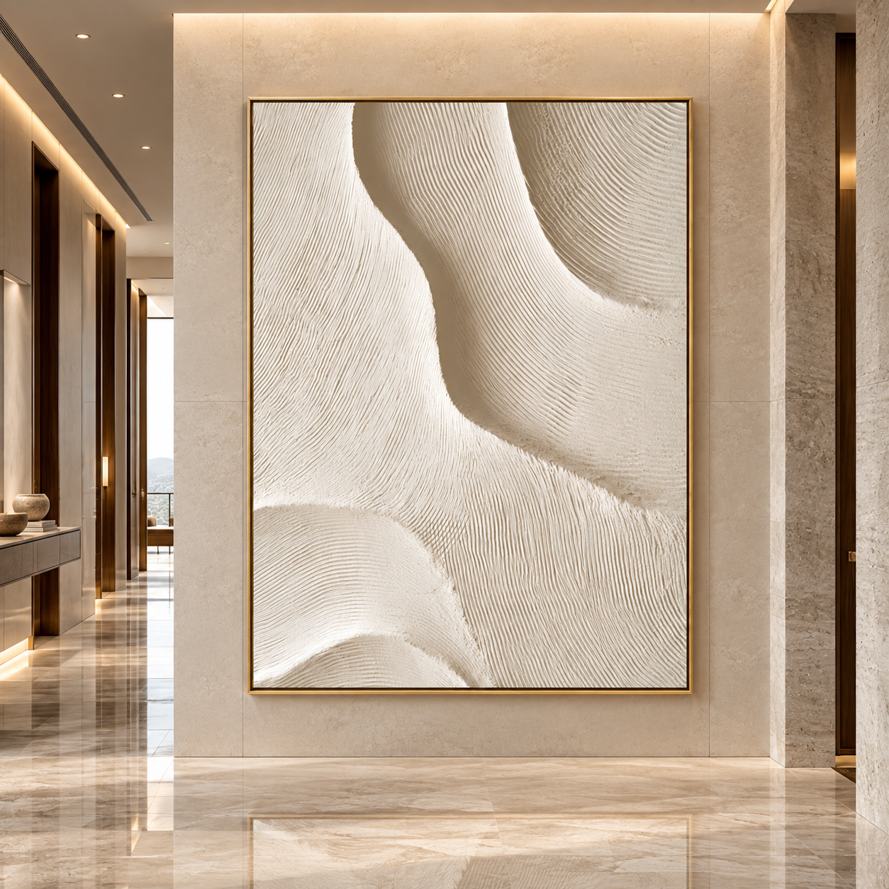 Serenity Waves – Hand-Painted 3D Cream & Beige Organic Wave Relief Canvas Wall Art | Vertical Minimalist Wabi-Sabi Framed Artwork TEXVAS | Textured Canvas Art