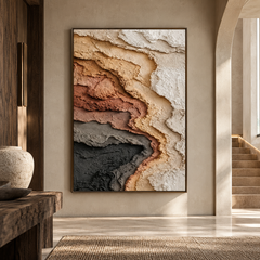 Large Vertical 3D Textured Terracotta and Black Canvas Wall Art – Hand-Painted Canyon Rock Strata Plaster Oil Painting, Modern Wabi-Sabi Earthy Impasto Artwork for Entryway & Living Room Decor TEXVAS | Textured Canvas Art