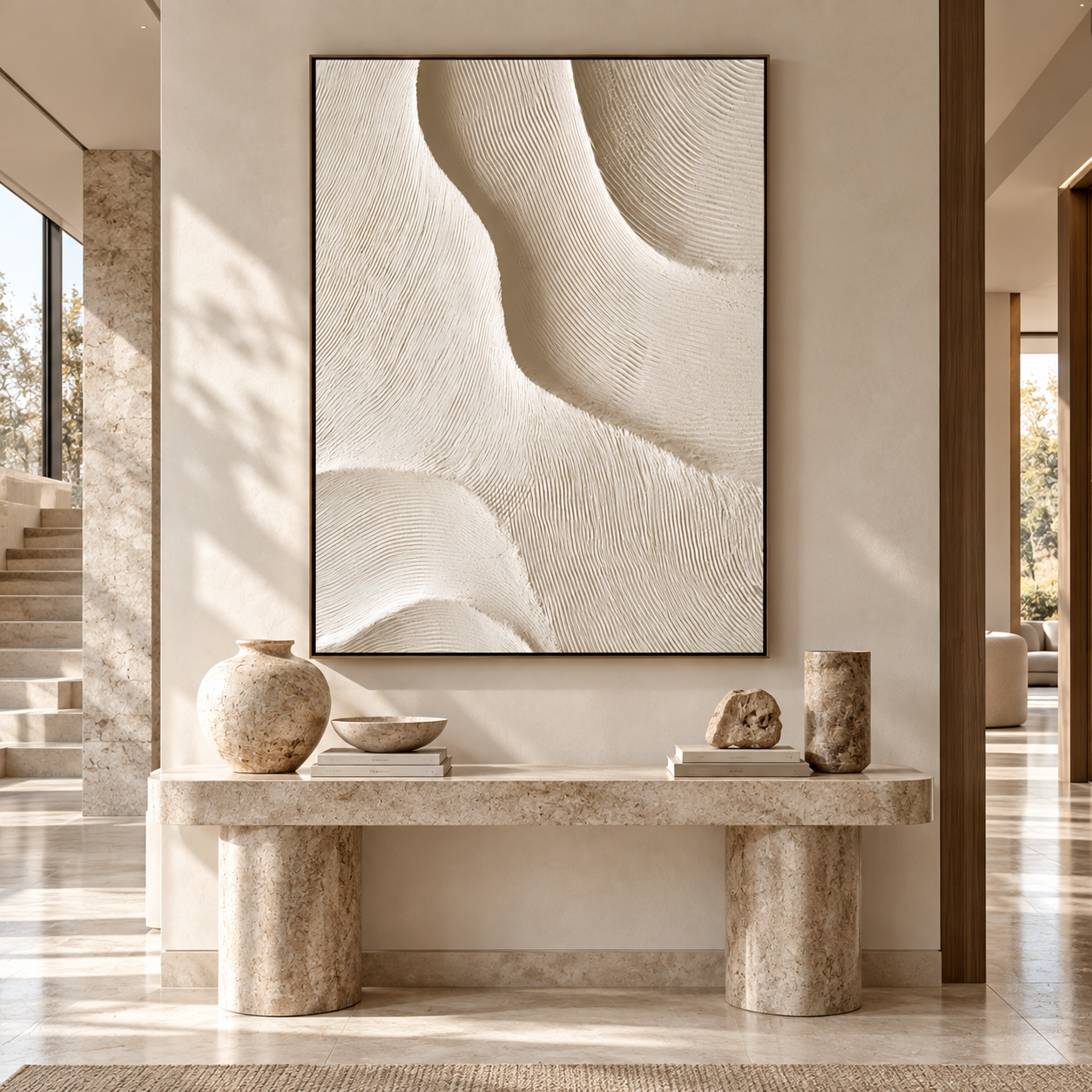Serenity Waves – Hand-Painted 3D Cream & Beige Organic Wave Relief Canvas Wall Art | Vertical Minimalist Wabi-Sabi Framed Artwork TEXVAS | Textured Canvas Art