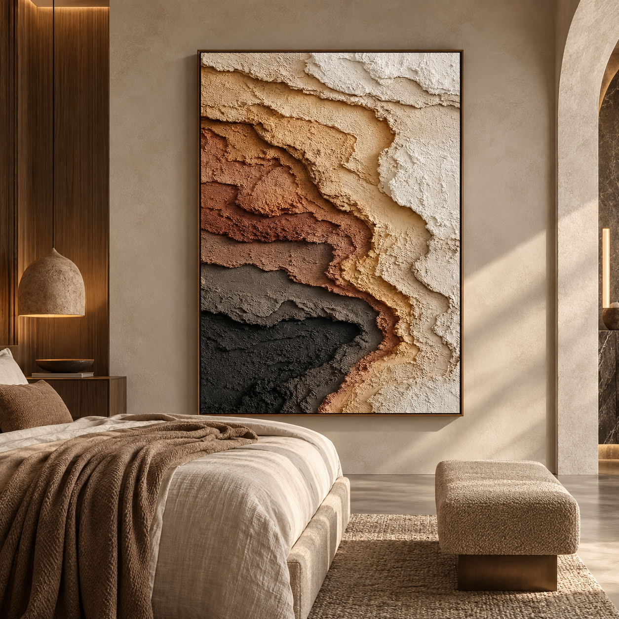 Large Vertical 3D Textured Terracotta and Black Canvas Wall Art – Hand-Painted Canyon Rock Strata Plaster Oil Painting, Modern Wabi-Sabi Earthy Impasto Artwork for Entryway & Living Room Decor TEXVAS | Textured Canvas Art