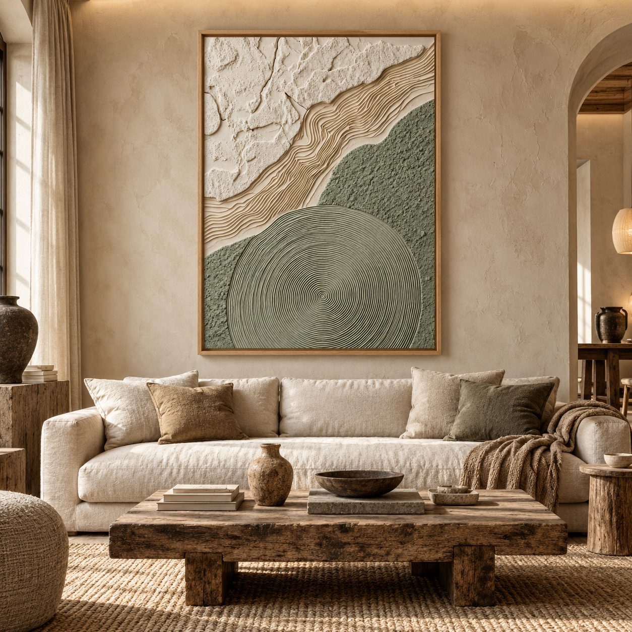 Zen Topography – Hand-Painted 3D Sage Green & Beige Relief Canvas Wall Art | Vertical Minimalist Wabi-Sabi Framed Artwork TEXVAS | Textured Canvas Art