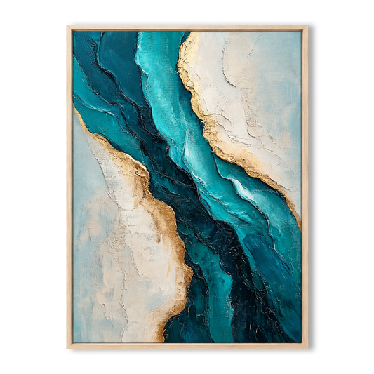Large Vertical 3D Textured Teal Blue Canvas Wall Art – Hand-Painted Ocean River Oil Painting with Gold Leaf Accents, Modern Abstract Turquoise Impasto Artwork for Entryway & Living Room Decor TEXVAS | Textured Canvas Art