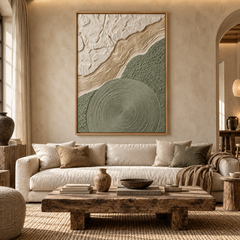 Zen Topography – Hand-Painted 3D Sage Green & Beige Relief Canvas Wall Art | Vertical Minimalist Wabi-Sabi Framed Artwork TEXVAS | Textured Canvas Art