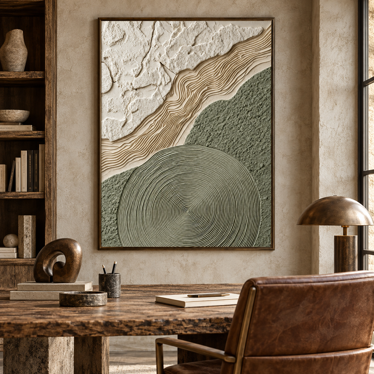 Zen Topography – Hand-Painted 3D Sage Green & Beige Relief Canvas Wall Art | Vertical Minimalist Wabi-Sabi Framed Artwork TEXVAS | Textured Canvas Art