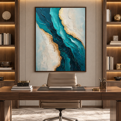 Large Vertical 3D Textured Teal Blue Canvas Wall Art – Hand-Painted Ocean River Oil Painting with Gold Leaf Accents, Modern Abstract Turquoise Impasto Artwork for Entryway & Living Room Decor TEXVAS | Textured Canvas Art