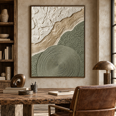 Zen Topography – Hand-Painted 3D Sage Green & Beige Relief Canvas Wall Art | Vertical Minimalist Wabi-Sabi Framed Artwork TEXVAS | Textured Canvas Art