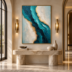 Large Vertical 3D Textured Teal Blue Canvas Wall Art – Hand-Painted Ocean River Oil Painting with Gold Leaf Accents, Modern Abstract Turquoise Impasto Artwork for Entryway & Living Room Decor TEXVAS | Textured Canvas Art