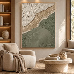 Zen Topography – Hand-Painted 3D Sage Green & Beige Relief Canvas Wall Art | Vertical Minimalist Wabi-Sabi Framed Artwork TEXVAS | Textured Canvas Art