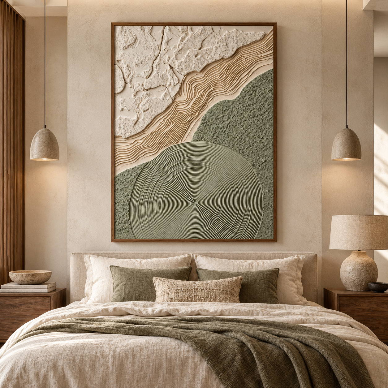 Zen Topography – Hand-Painted 3D Sage Green & Beige Relief Canvas Wall Art | Vertical Minimalist Wabi-Sabi Framed Artwork TEXVAS | Textured Canvas Art