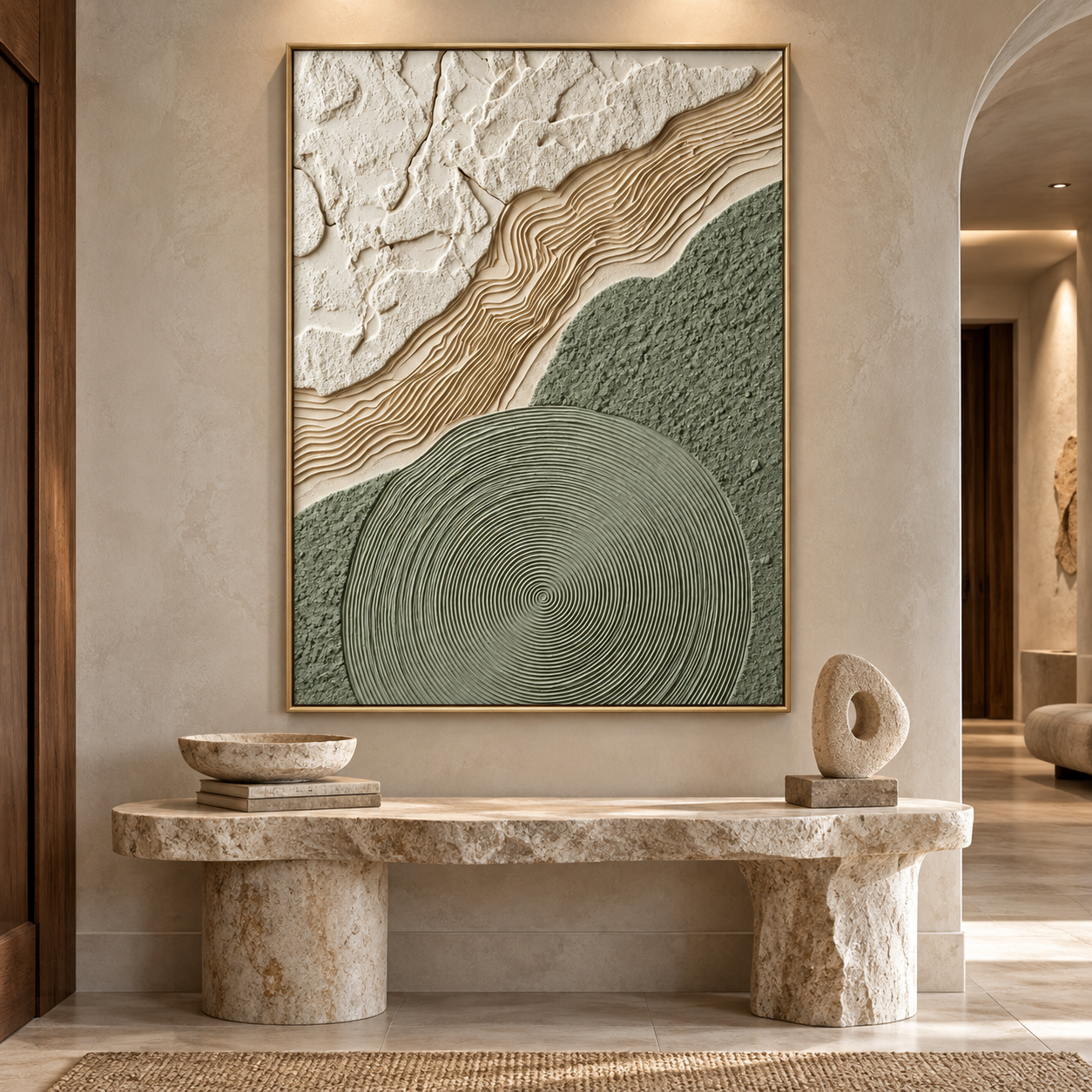 Zen Topography – Hand-Painted 3D Sage Green & Beige Relief Canvas Wall Art | Vertical Minimalist Wabi-Sabi Framed Artwork TEXVAS | Textured Canvas Art
