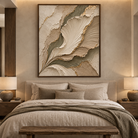 Botanical Elegance – Hand-Painted 3D Sage Green & Gold Leaf Sculpted Petal Relief Canvas Wall Art | Vertical Modern Organic Framed Artwork TEXVAS | Textured Canvas Art
