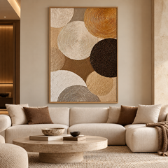 Large Vertical 3D Textured Geometric Canvas Wall Art – Hand-Painted Gold and Neutral Circles Plaster Oil Painting, Mid-Century Modern Concentric Ring Impasto Artwork for Entryway & Living Room Decor TEXVAS | Textured Canvas Art