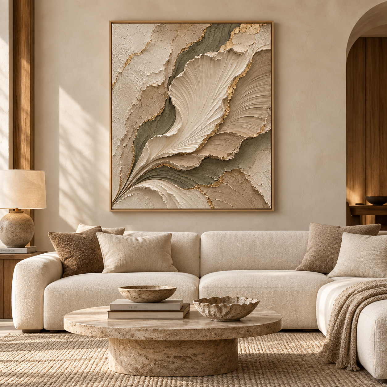 Botanical Elegance – Hand-Painted 3D Sage Green & Gold Leaf Sculpted Petal Relief Canvas Wall Art | Vertical Modern Organic Framed Artwork TEXVAS | Textured Canvas Art