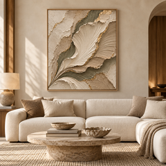 Botanical Elegance – Hand-Painted 3D Sage Green & Gold Leaf Sculpted Petal Relief Canvas Wall Art | Vertical Modern Organic Framed Artwork TEXVAS | Textured Canvas Art