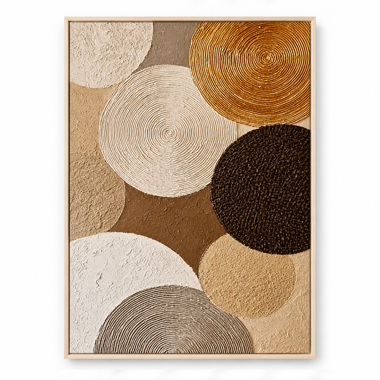 Large Vertical 3D Textured Geometric Canvas Wall Art – Hand-Painted Gold and Neutral Circles Plaster Oil Painting, Mid-Century Modern Concentric Ring Impasto Artwork for Entryway & Living Room Decor TEXVAS | Textured Canvas Art
