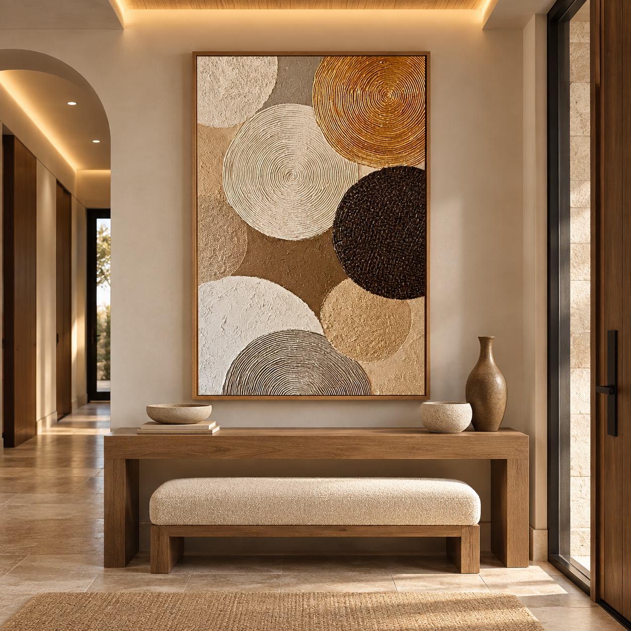 Large Vertical 3D Textured Geometric Canvas Wall Art – Hand-Painted Gold and Neutral Circles Plaster Oil Painting, Mid-Century Modern Concentric Ring Impasto Artwork for Entryway & Living Room Decor TEXVAS | Textured Canvas Art