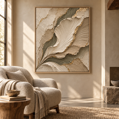 Botanical Elegance – Hand-Painted 3D Sage Green & Gold Leaf Sculpted Petal Relief Canvas Wall Art | Vertical Modern Organic Framed Artwork TEXVAS | Textured Canvas Art