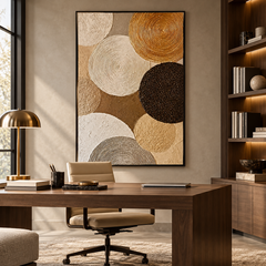 Large Vertical 3D Textured Geometric Canvas Wall Art – Hand-Painted Gold and Neutral Circles Plaster Oil Painting, Mid-Century Modern Concentric Ring Impasto Artwork for Entryway & Living Room Decor TEXVAS | Textured Canvas Art