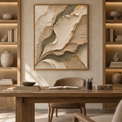 Botanical Elegance – Hand-Painted 3D Sage Green & Gold Leaf Sculpted Petal Relief Canvas Wall Art | Vertical Modern Organic Framed Artwork TEXVAS | Textured Canvas Art