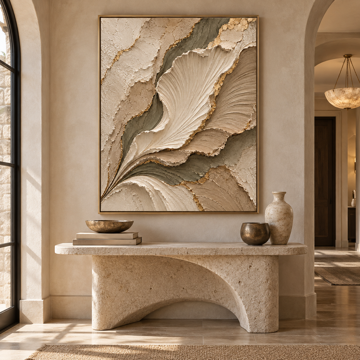 Botanical Elegance – Hand-Painted 3D Sage Green & Gold Leaf Sculpted Petal Relief Canvas Wall Art | Vertical Modern Organic Framed Artwork TEXVAS | Textured Canvas Art