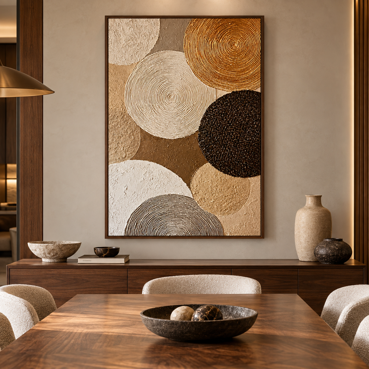 Large Vertical 3D Textured Geometric Canvas Wall Art – Hand-Painted Gold and Neutral Circles Plaster Oil Painting, Mid-Century Modern Concentric Ring Impasto Artwork for Entryway & Living Room Decor TEXVAS | Textured Canvas Art