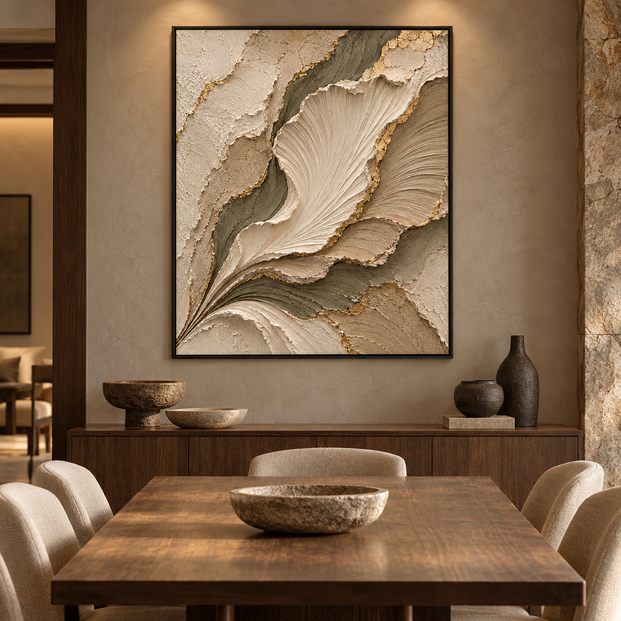 Botanical Elegance – Hand-Painted 3D Sage Green & Gold Leaf Sculpted Petal Relief Canvas Wall Art | Vertical Modern Organic Framed Artwork TEXVAS | Textured Canvas Art