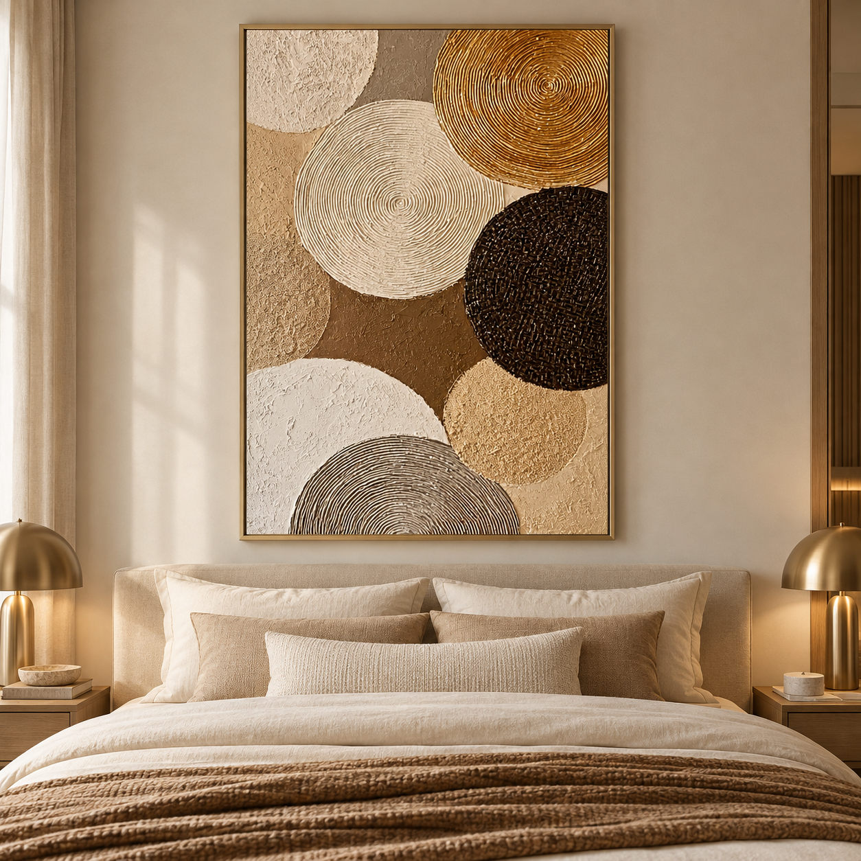 Large Vertical 3D Textured Geometric Canvas Wall Art – Hand-Painted Gold and Neutral Circles Plaster Oil Painting, Mid-Century Modern Concentric Ring Impasto Artwork for Entryway & Living Room Decor TEXVAS | Textured Canvas Art