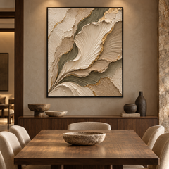 Botanical Elegance – Hand-Painted 3D Sage Green & Gold Leaf Sculpted Petal Relief Canvas Wall Art | Vertical Modern Organic Framed Artwork TEXVAS | Textured Canvas Art