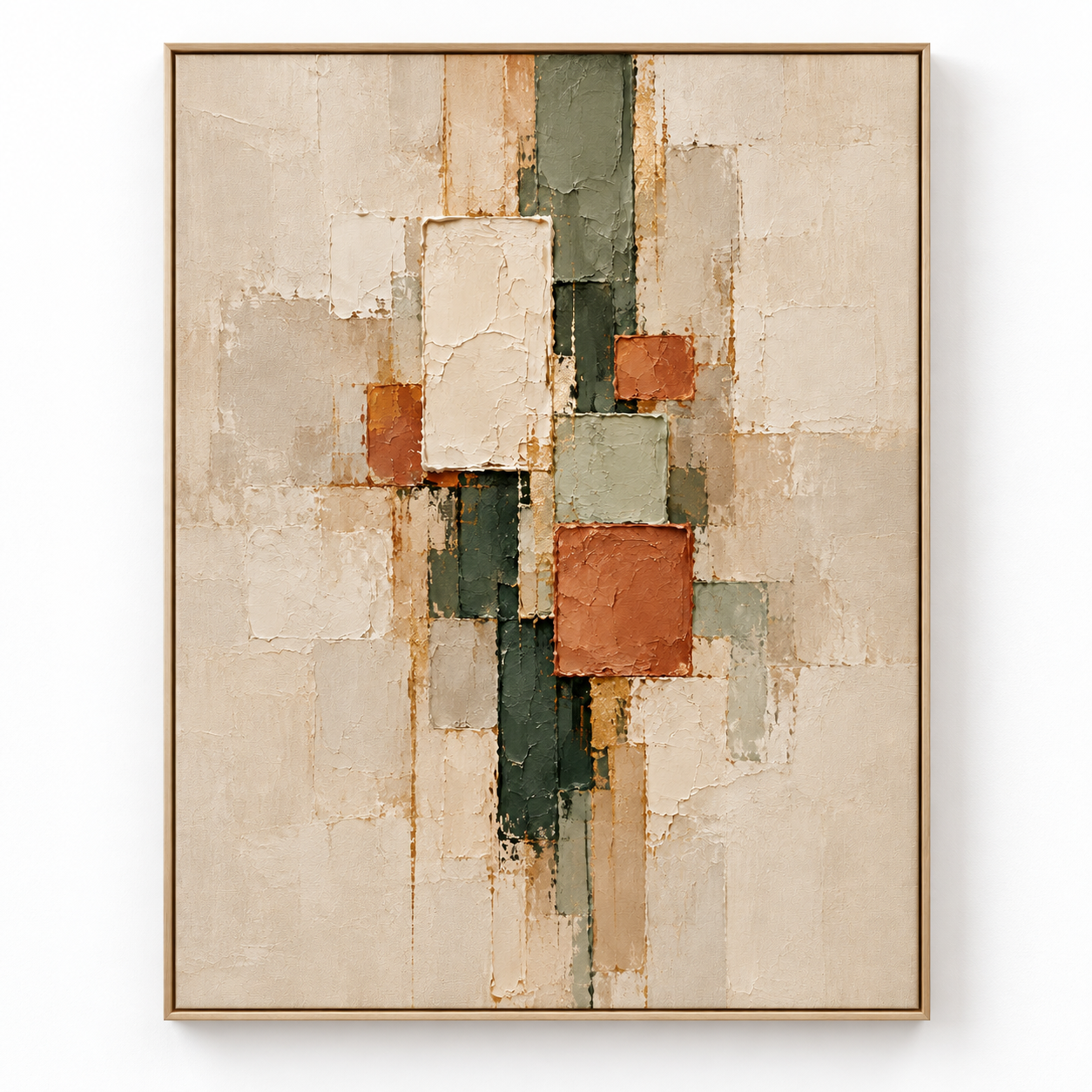 Large Vertical 3D Textured Geometric Canvas Wall Art – Hand-Painted Terracotta & Sage Green Block Plaster Oil Painting, Mid-Century Modern Abstract Palette Knife Impasto Art with Gold Accents for Entryway & Bedroom Decor TEXVAS | Textured Canvas Art