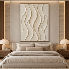 Serene Currents – Hand-Painted 3D Off-White & Beige Vertical Wave Relief Canvas Wall Art | Minimalist Wabi-Sabi Framed Artwork TEXVAS | Textured Canvas Art
