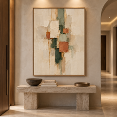 Large Vertical 3D Textured Geometric Canvas Wall Art – Hand-Painted Terracotta & Sage Green Block Plaster Oil Painting, Mid-Century Modern Abstract Palette Knife Impasto Art with Gold Accents for Entryway & Bedroom Decor TEXVAS | Textured Canvas Art