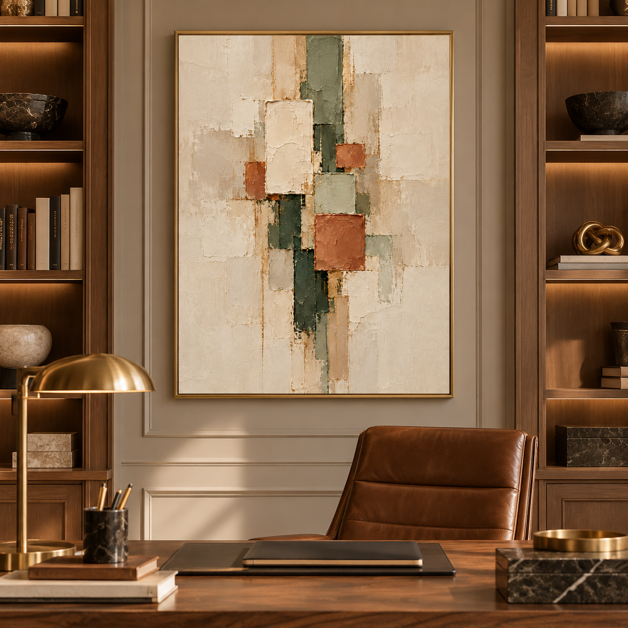 Large Vertical 3D Textured Geometric Canvas Wall Art – Hand-Painted Terracotta & Sage Green Block Plaster Oil Painting, Mid-Century Modern Abstract Palette Knife Impasto Art with Gold Accents for Entryway & Bedroom Decor TEXVAS | Textured Canvas Art