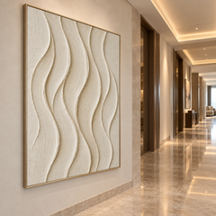 Serene Currents – Hand-Painted 3D Off-White & Beige Vertical Wave Relief Canvas Wall Art | Minimalist Wabi-Sabi Framed Artwork TEXVAS | Textured Canvas Art