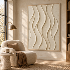Serene Currents – Hand-Painted 3D Off-White & Beige Vertical Wave Relief Canvas Wall Art | Minimalist Wabi-Sabi Framed Artwork TEXVAS | Textured Canvas Art