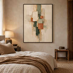 Large Vertical 3D Textured Geometric Canvas Wall Art – Hand-Painted Terracotta & Sage Green Block Plaster Oil Painting, Mid-Century Modern Abstract Palette Knife Impasto Art with Gold Accents for Entryway & Bedroom Decor TEXVAS | Textured Canvas Art