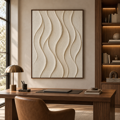 Serene Currents – Hand-Painted 3D Off-White & Beige Vertical Wave Relief Canvas Wall Art | Minimalist Wabi-Sabi Framed Artwork TEXVAS | Textured Canvas Art