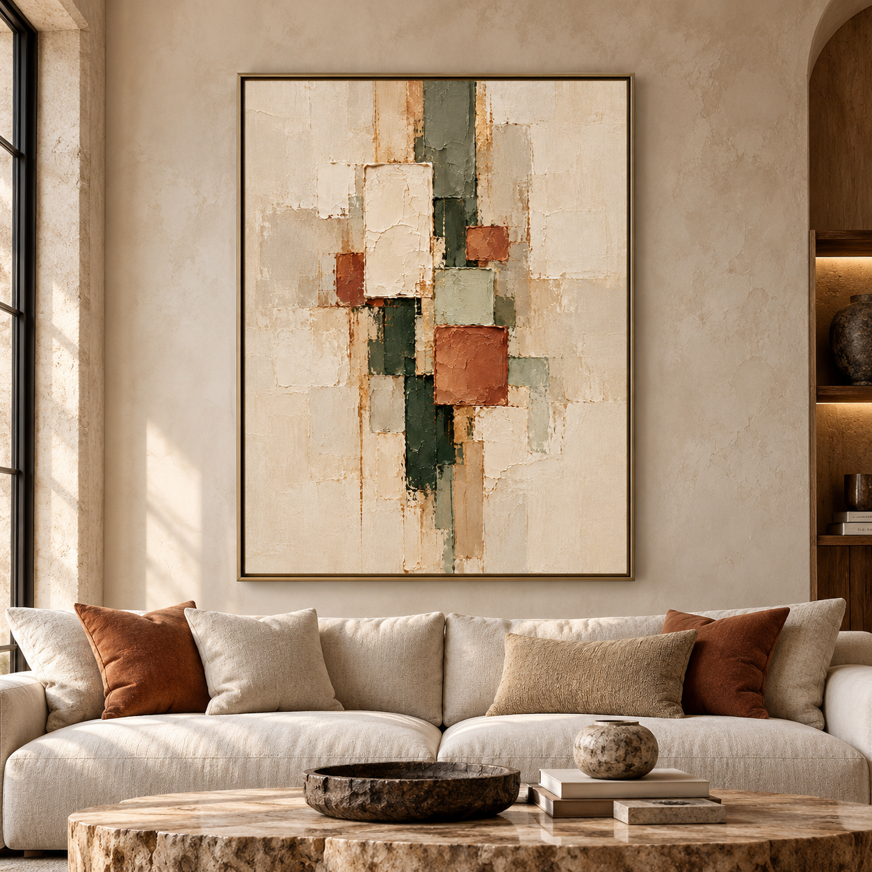 Large Vertical 3D Textured Geometric Canvas Wall Art – Hand-Painted Terracotta & Sage Green Block Plaster Oil Painting, Mid-Century Modern Abstract Palette Knife Impasto Art with Gold Accents for Entryway & Bedroom Decor TEXVAS | Textured Canvas Art