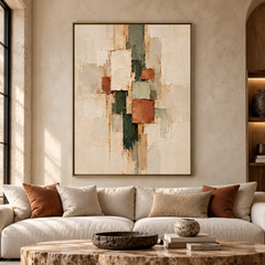 Large Vertical 3D Textured Geometric Canvas Wall Art – Hand-Painted Terracotta & Sage Green Block Plaster Oil Painting, Mid-Century Modern Abstract Palette Knife Impasto Art with Gold Accents for Entryway & Bedroom Decor TEXVAS | Textured Canvas Art