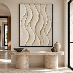 Serene Currents – Hand-Painted 3D Off-White & Beige Vertical Wave Relief Canvas Wall Art | Minimalist Wabi-Sabi Framed Artwork TEXVAS | Textured Canvas Art